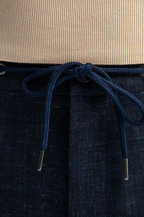 Брюки из шерсти, льна и шелка, цвет Синий темный