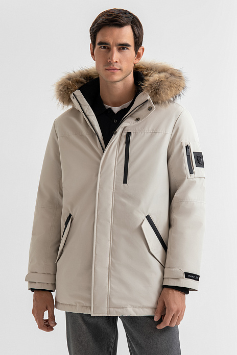 Пуховик с отделкой из натурального меха и водоотталкивающей обработкой, цвет Бежевый светлый